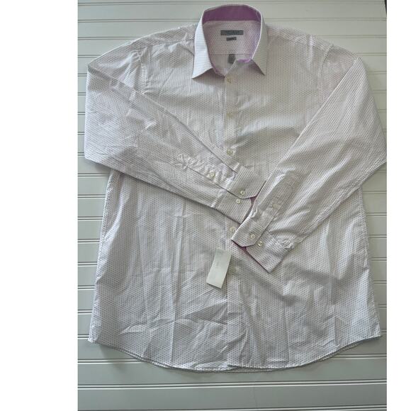 NWT Perry Ellis Portfolio Slim Fit Button Down Pink Print Size Men's 17.5 34/35 - Picture 1 of 8